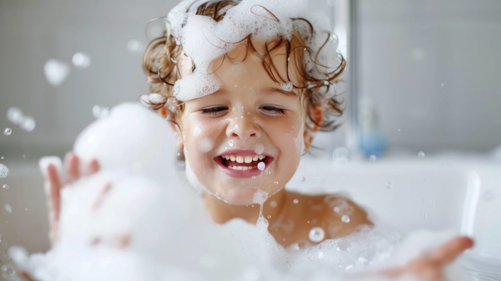 Enfant souriant jouant dans un bain moussant, bénéficiant d’une eau adoucie sans calcaire grâce à un adoucisseur d’eau domestique.