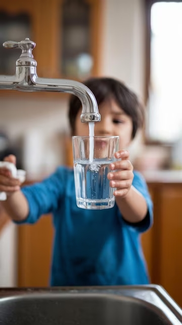 Enfant tenant un verre sous le robinet pour le remplir d’eau purifiée, illustrant les bienfaits d’un purificateur d’eau domestique pour toute la famille.
