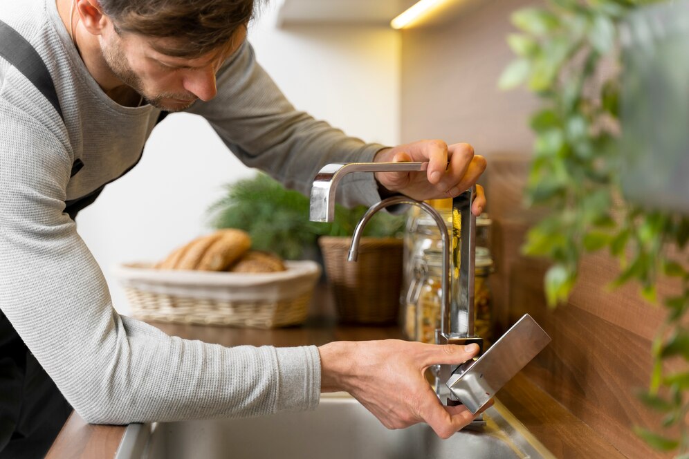 Technicien installant un purificateur d’eau sous un évier dans une cuisine moderne