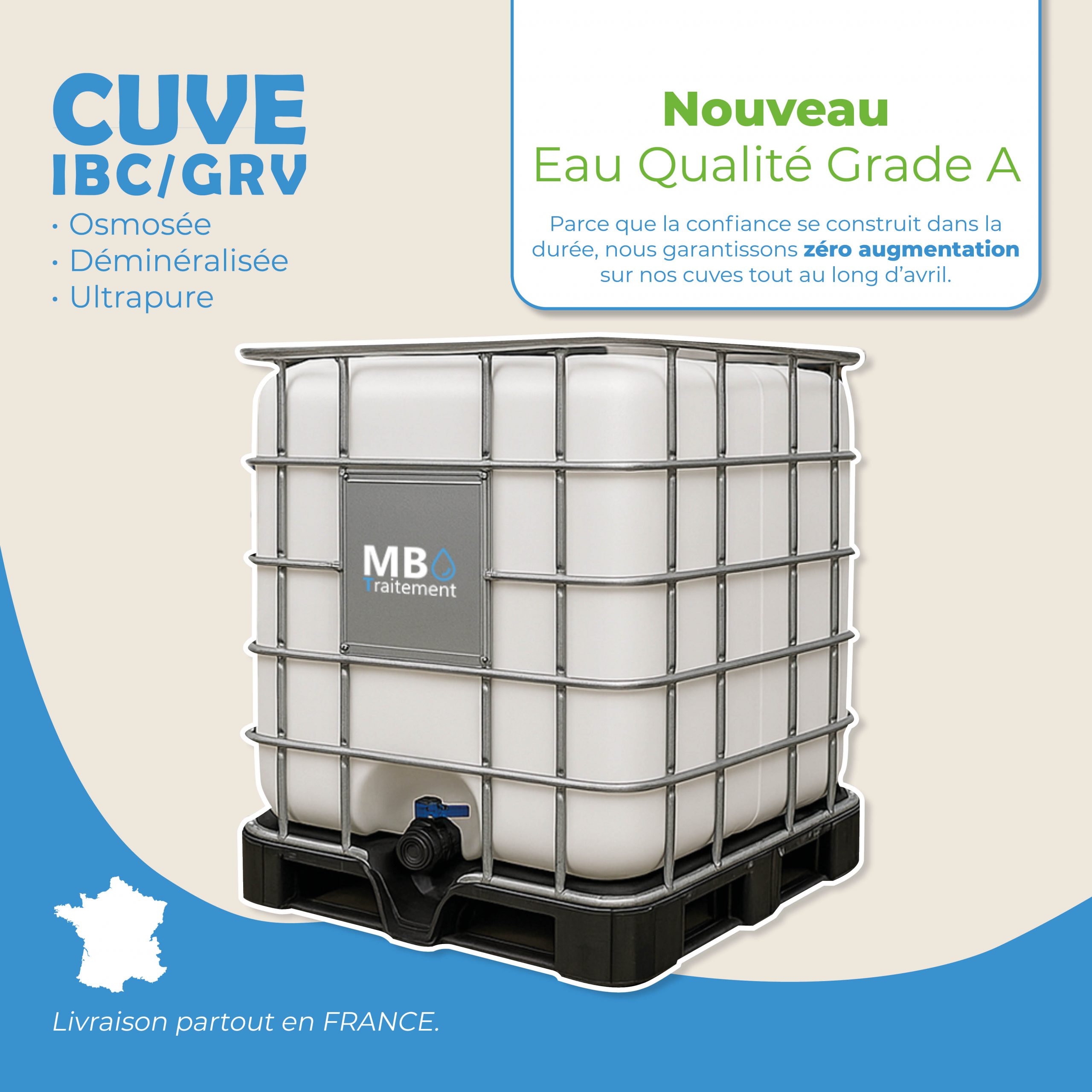 Cuves IBC/GRV en eau osmosée, déminéralisée, ultrapure ou Grade A, avec livraison rapide et production autonome EKO IONISER.